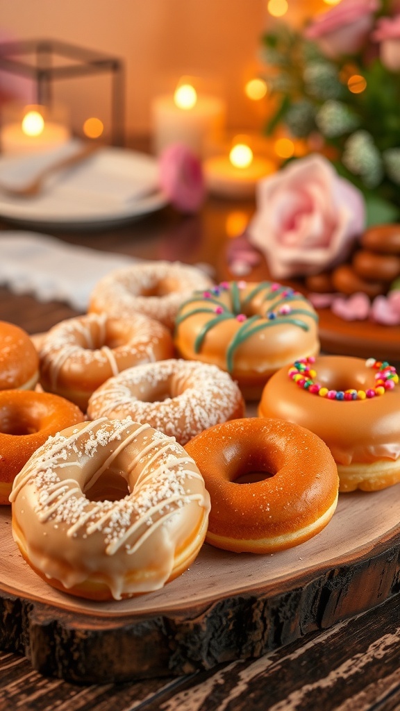 A variety of homemade donuts, glazed and powdered, on a wooden platter, ideal for a celebration.
